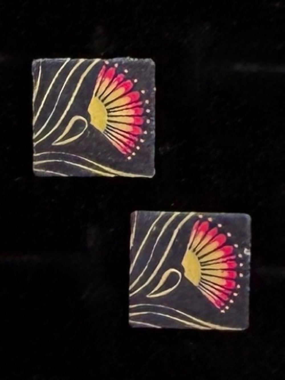 Vintage Lightweight Black Print Square Pieced Earrings